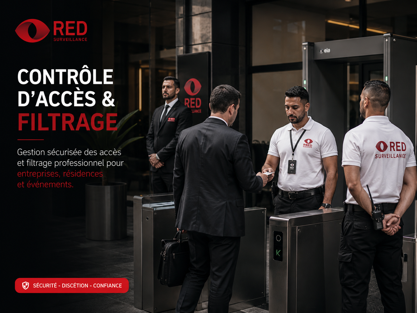 Agents RED Surveillance assurant le contrôle d’accès et le filtrage sécurisé des visiteurs à l’entrée d’un bâtiment professionnel moderne.