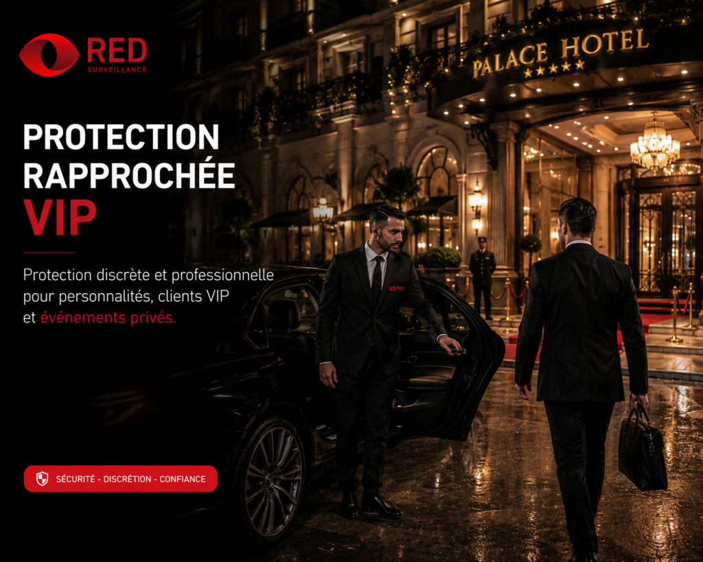 Agent de protection rapprochée RED Surveillance ouvrant la porte d’un véhicule de luxe devant un hôtel haut de gamme pour accompagner un client VIP en toute discrétion.