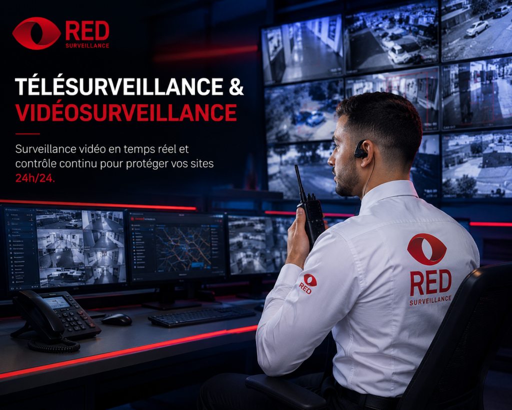 Agent RED Surveillance en salle de télésurveillance surveillant des écrans CCTV en temps réel pour la sécurité des résidences, entreprises et sites sensibles au Maroc.