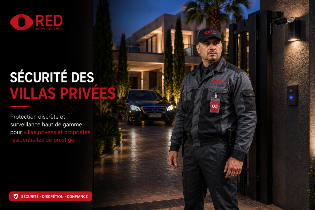 Agent RED Surveillance assurant la sécurité d’une villa privée haut standing avec contrôle d’accès et surveillance discrète.