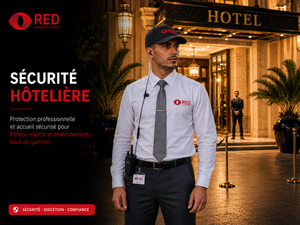 Agent RED Surveillance assurant la sécurité d’un hôtel de luxe avec contrôle discret et surveillance professionnelle à l’entrée principale.