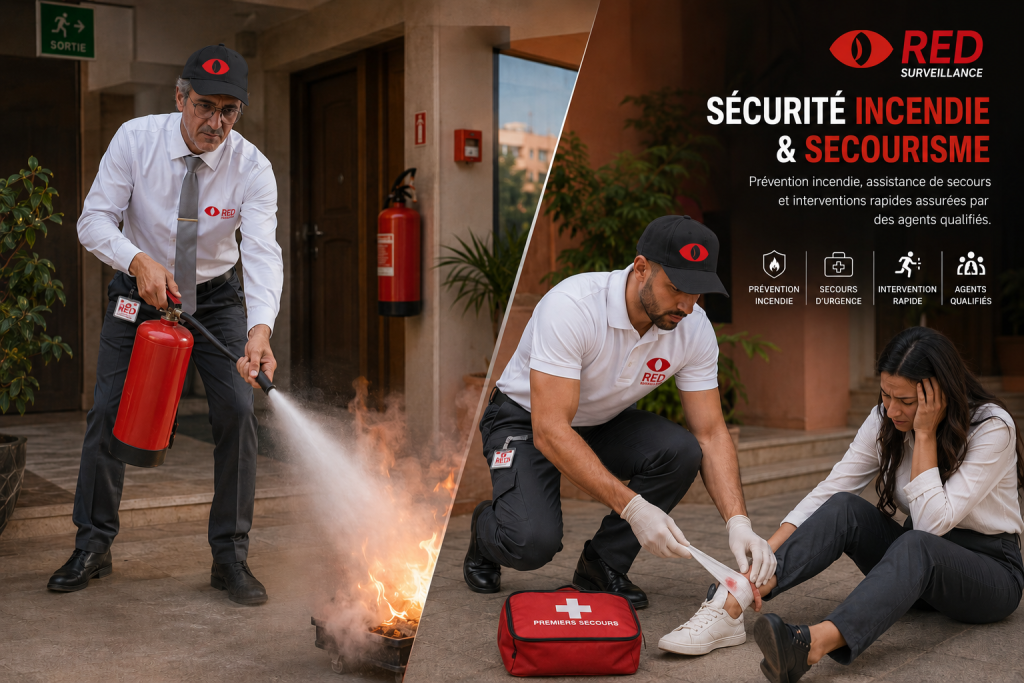 Agents RED Surveillance intervenant lors d’un départ de feu et apportant les premiers secours dans une résidence moderne.