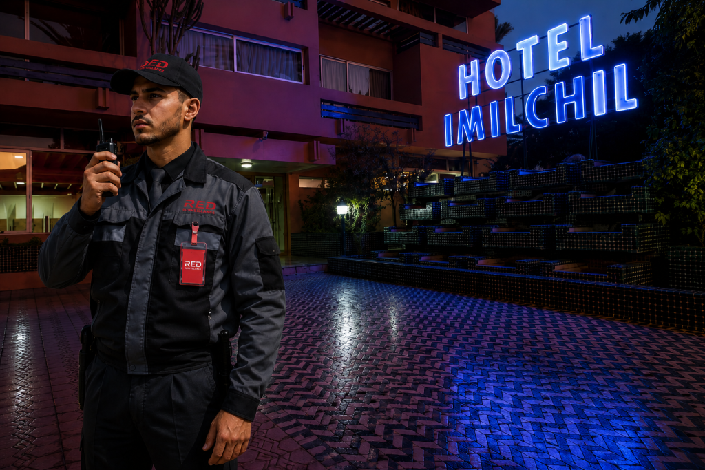Agent de sécurité RED Surveillance devant l’Hotel Imilchil à Marrakech