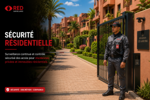 Agent RED Surveillance assurant la sécurité d’une résidence moderne avec contrôle des accès et surveillance résidentielle haut de gamme.