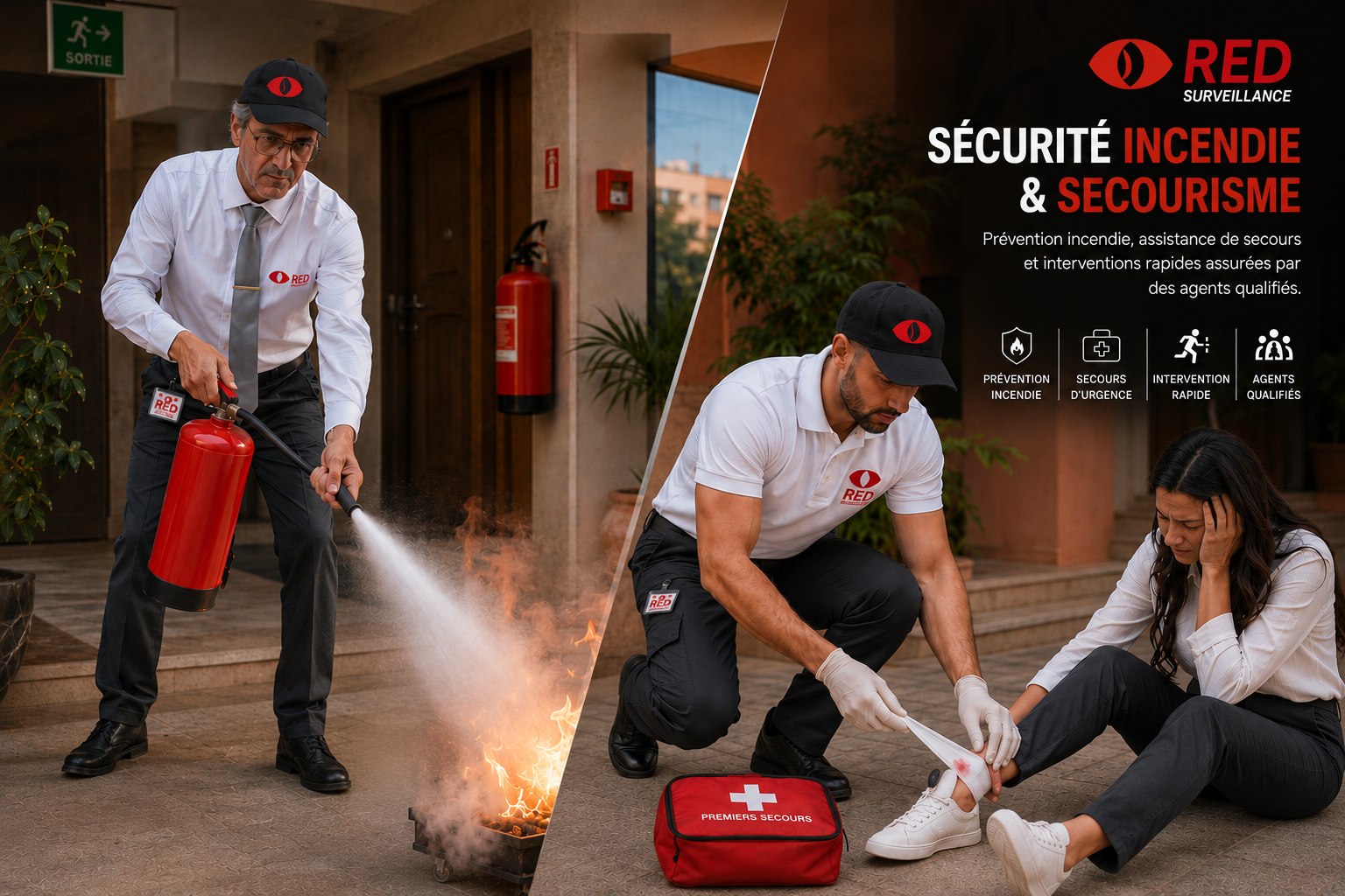 Agent de sécurité RED Surveillance intervenant sur un départ de feu et réalisant les premiers secours dans une situation d'urgence.